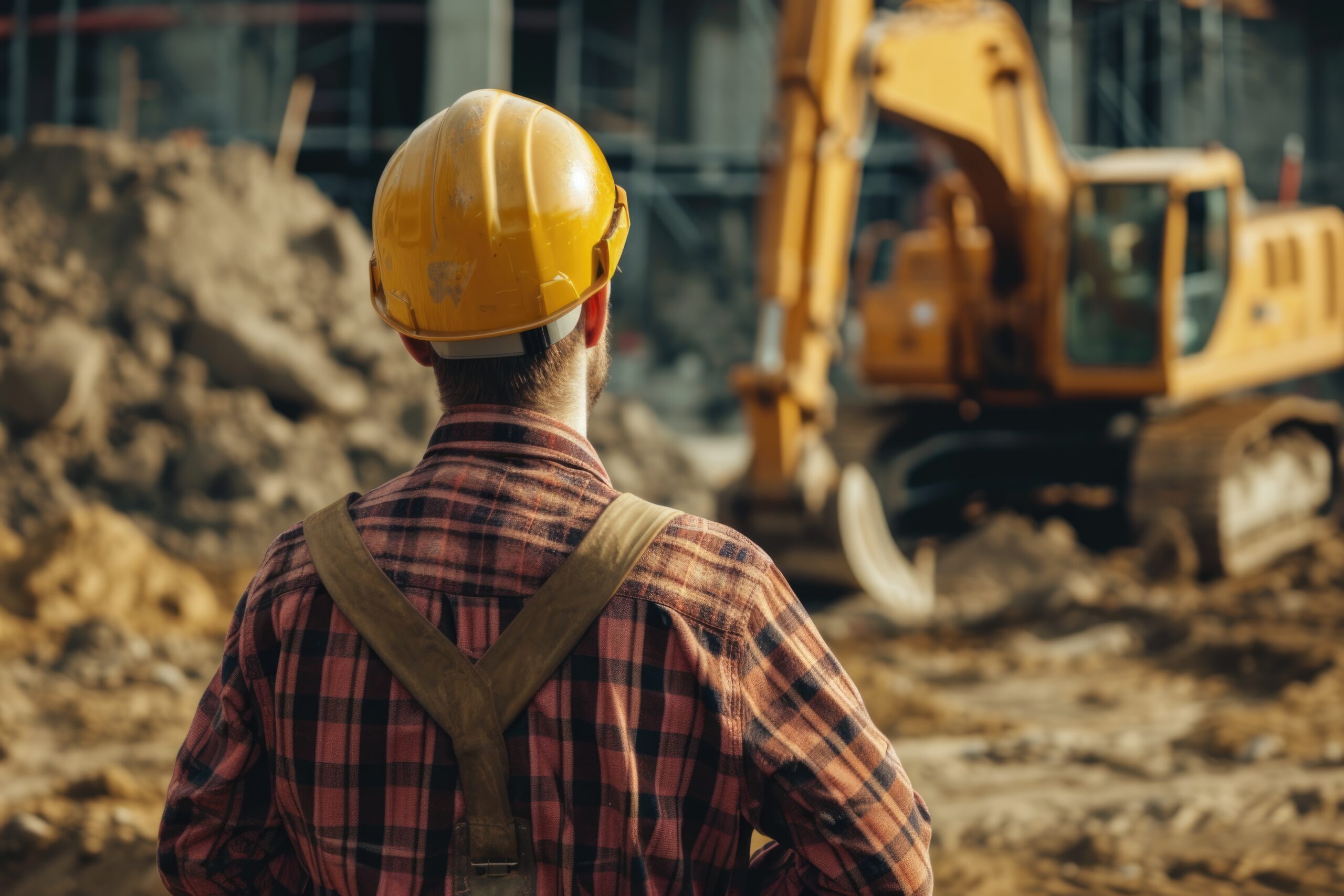 man standing in front of construction construction equipment stock photo, in the style of realistic depictions, literary excavations, innovative page design, yellow and maroon, depictions of labor --ar 128:85 --v 6 Job ID: 8bd05240-a257-4afc-9a26-89341de76bdc